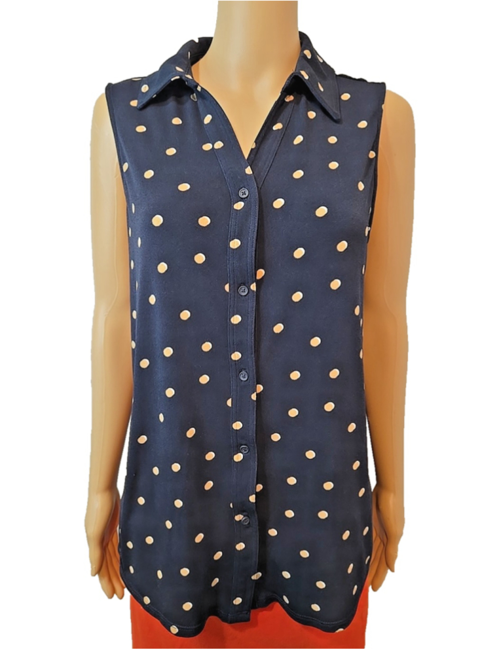 Adrianna Papell Medium Sleeveless Blouse Navy Polka Dot Office Top Workwear - Picture 3 of 9